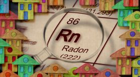 radon periodic table symbol surrounded by colourful houses